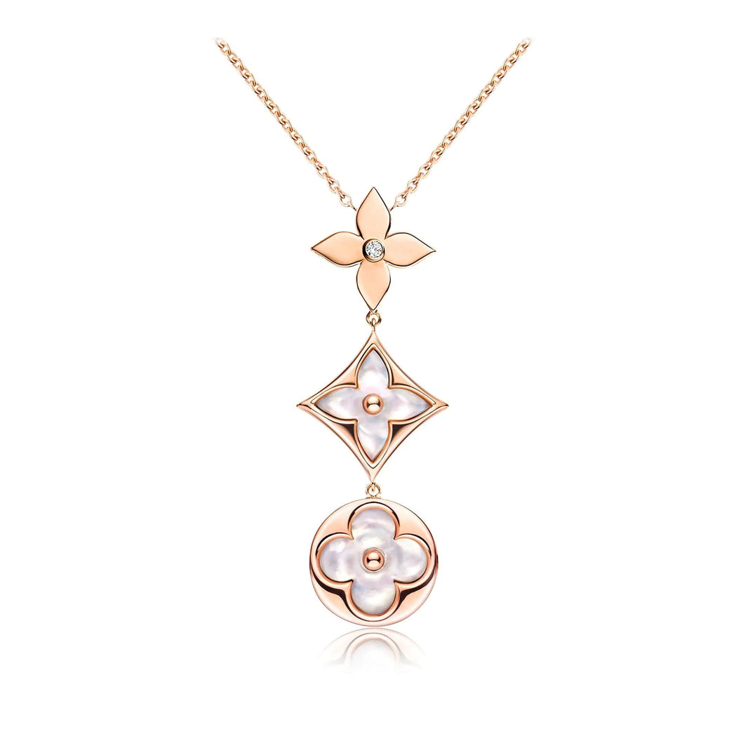 [LUXE]COLOR BLOSSOM LARIAT NECKLACE PINK GOLD WHITE MOTHER PEARL AND DIAMOND