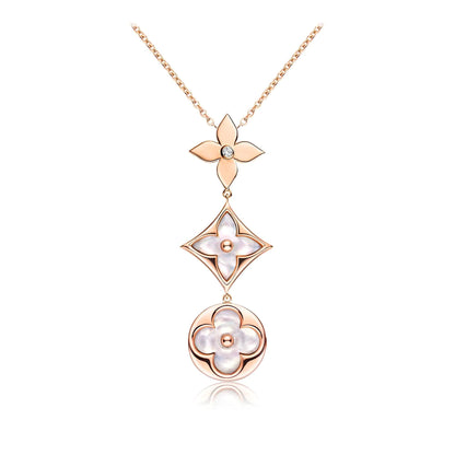 [LUXE]COLOR BLOSSOM LARIAT NECKLACE PINK GOLD WHITE MOTHER PEARL AND DIAMOND