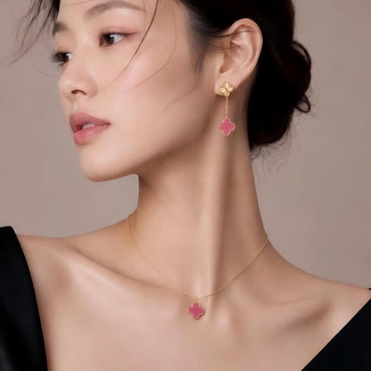 [LUXE] NEW CLOVER 1 MOTIFS PINK ENAMEL NECKLACE