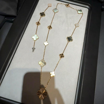 [LUJO] CONJUNTO DE COLLAR DE ORO ROSA CON FLORES DE TRÉBOL 15 (11+4) DESMONTABLE