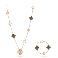 [LUJO] CONJUNTO DE COLLAR DE ORO ROSA CON FLORES DE TRÉBOL 15 (11+4) DESMONTABLE