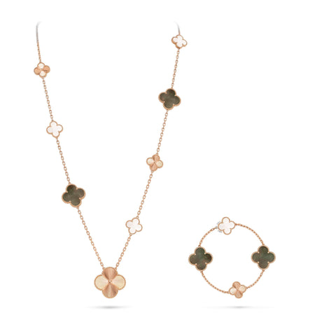 [LUJO] CONJUNTO DE COLLAR DE ORO ROSA CON FLORES DE TRÉBOL 15 (11+4) DESMONTABLE