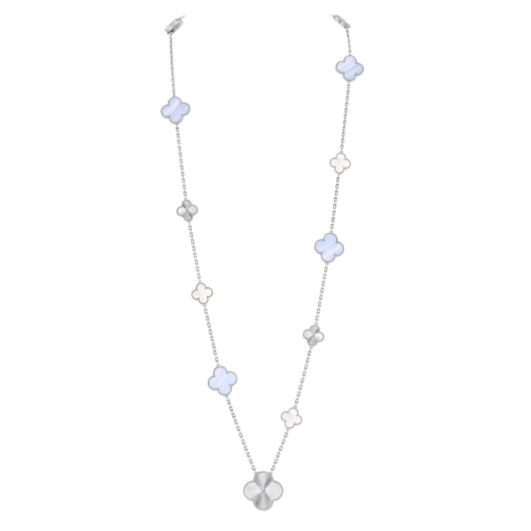 [LUXE]DETACHABLE CLOVER 15(11+4) FLOWER SILVER NECKLACE SET