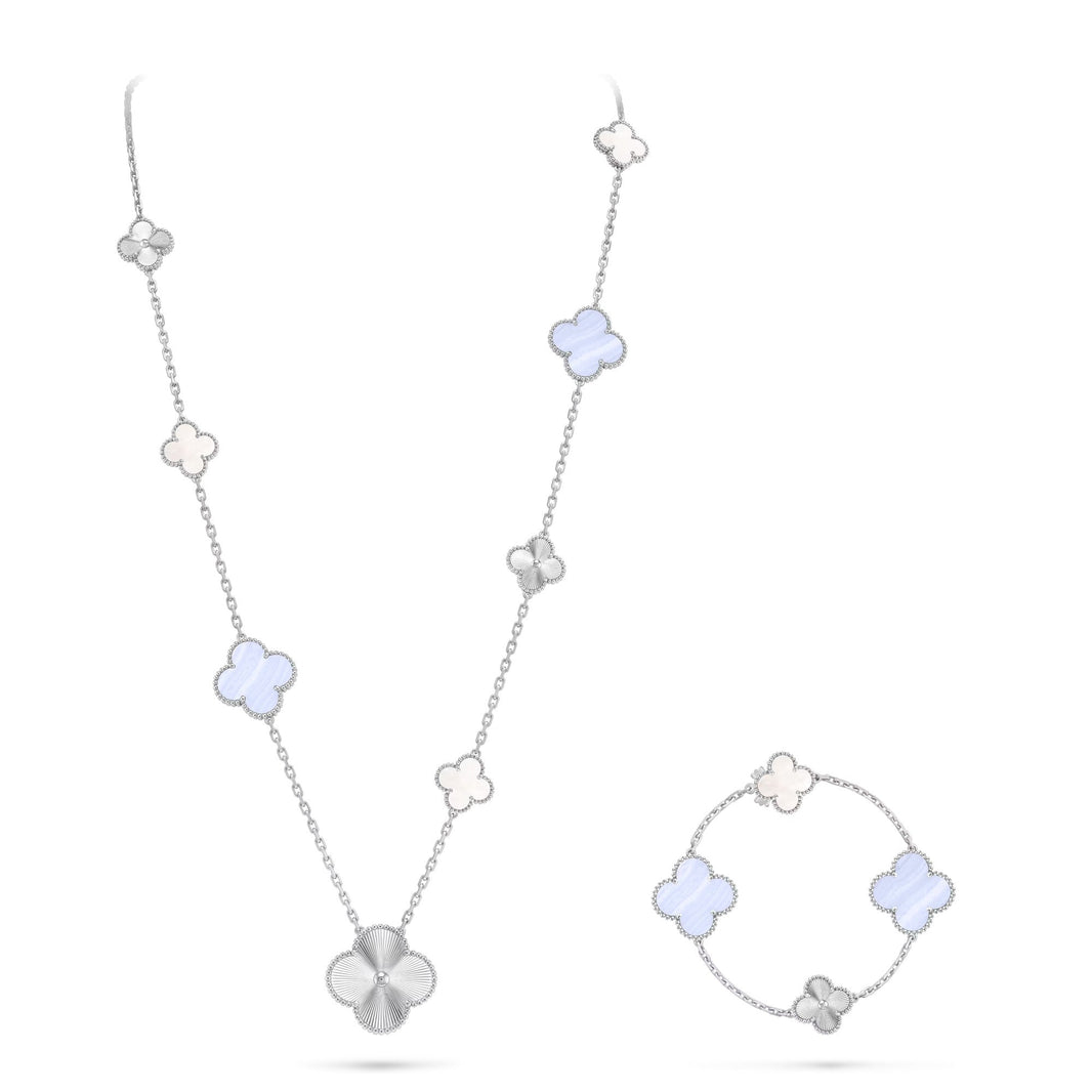 [LUXE]DETACHABLE CLOVER 15(11+4) FLOWER SILVER NECKLACE SET