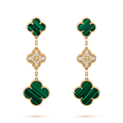 [LUXE] PENDIENTES DE TRÉBOL ORO MALAQUITA DIAMANTE 3 MOTIVOS
