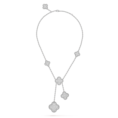 [LUXE] COLLAR DE PLATA Y DIAMANTES CON 5 MOTIVOS DE TRÉBOL